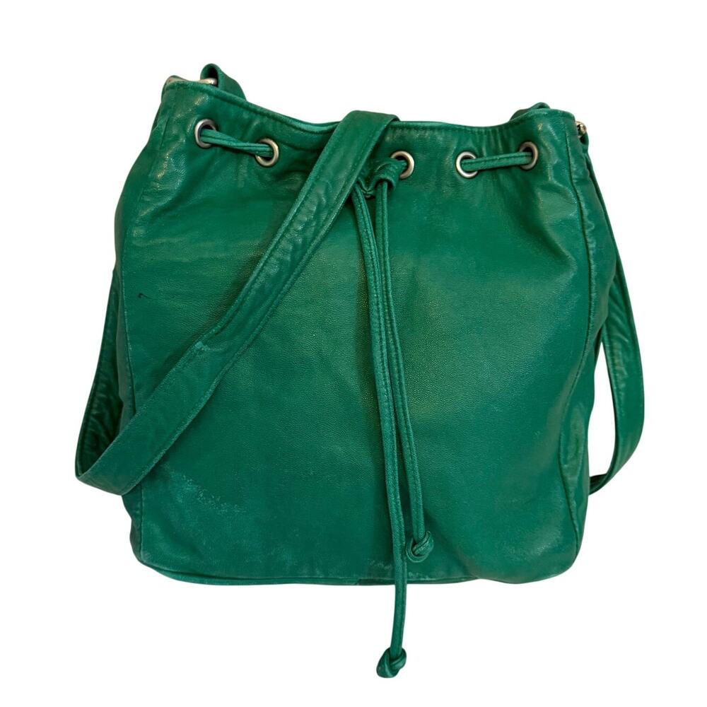 Milenti Crossbody Bucket Bag Leather Green Drawstring Made in Canada